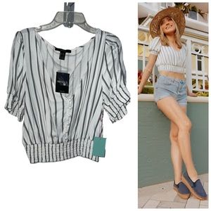 Forever 21 Striped Puff sleeve crop Blouse size L NWT
